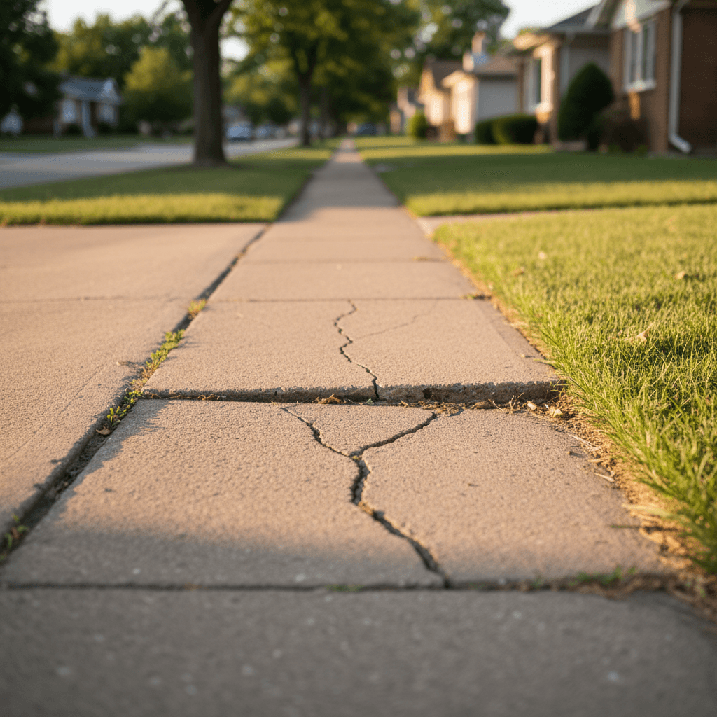 Uneven residential sidewalk showing trip hazard conditions