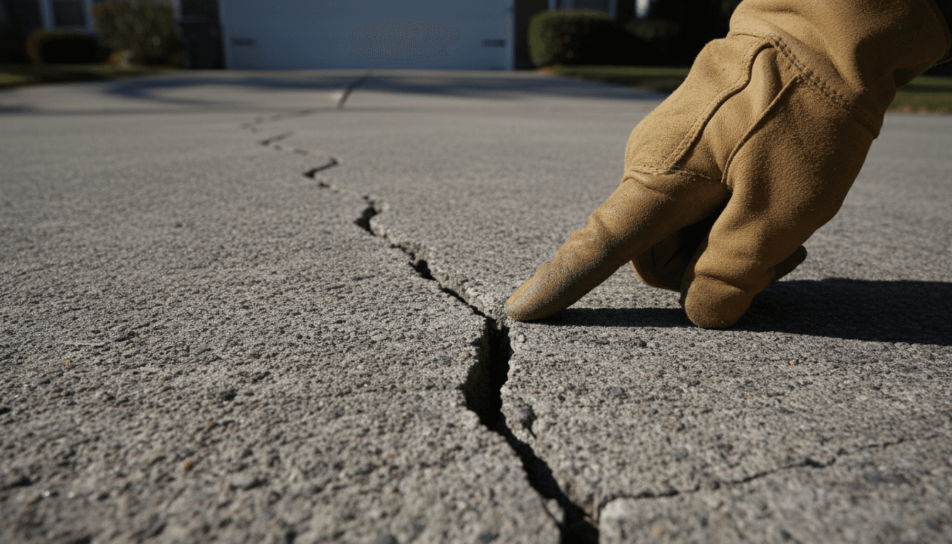 Close-up of a cracked concrete driveway surface