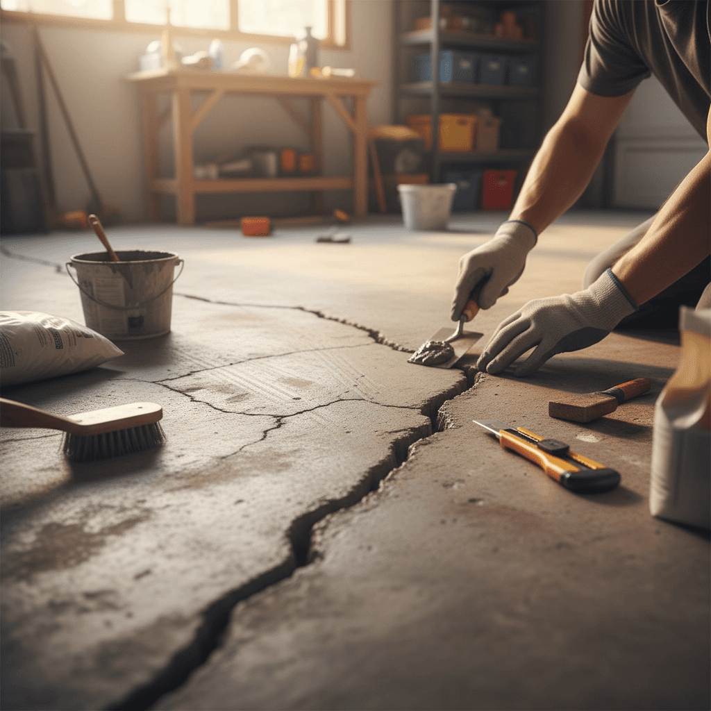 Hands preparing garage floor crack for professional concrete repair