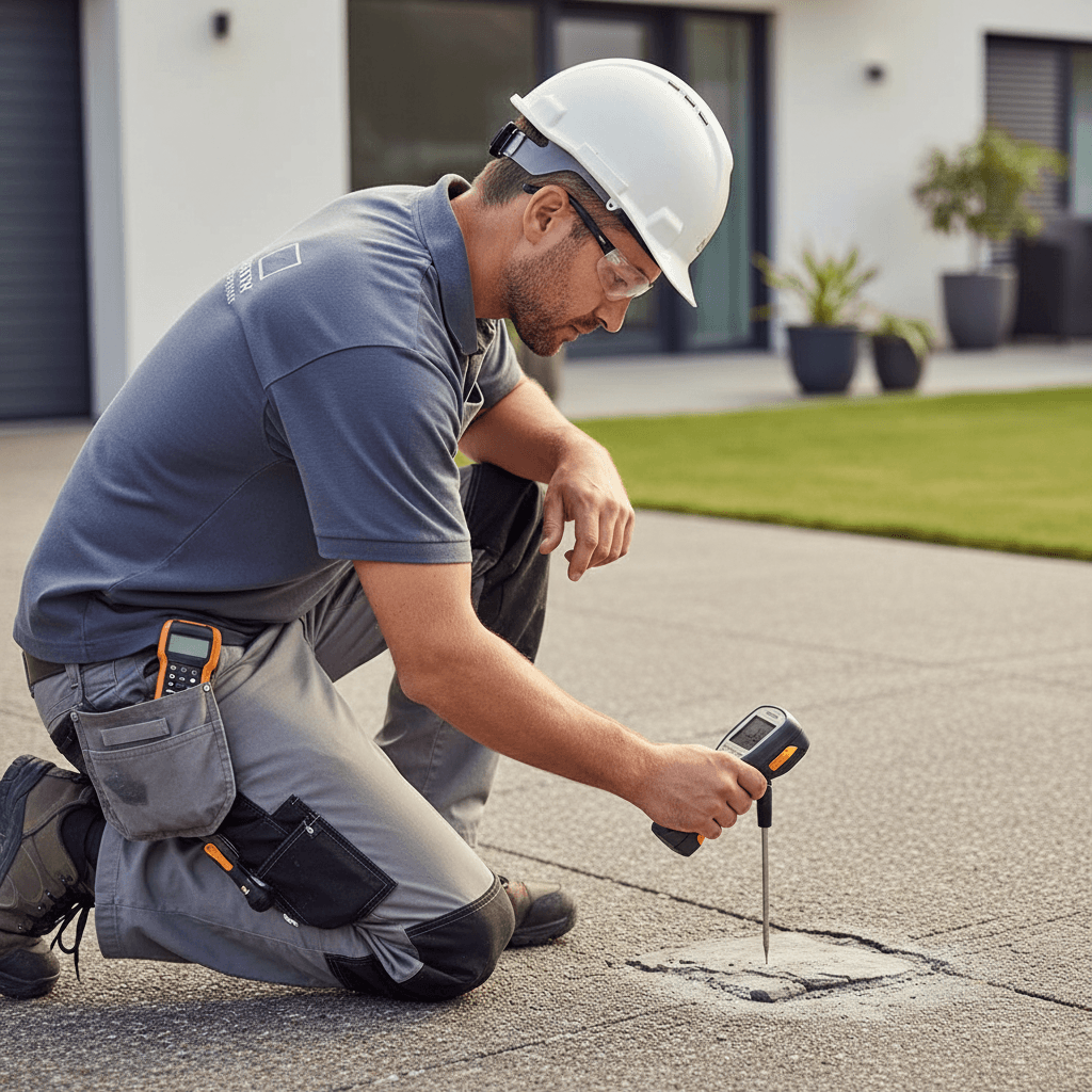 Concrete repair specialist conducting detailed surface inspection and assessment