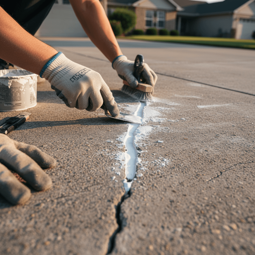 Technician applying concrete crack repair compound to driveway surface