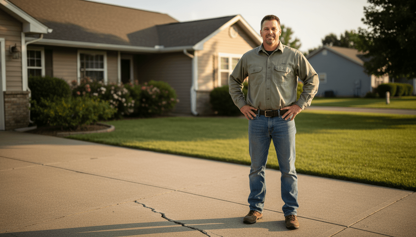 Pat Reese, founder of Houston Concrete Docs, standing beside a cracked residential driveway