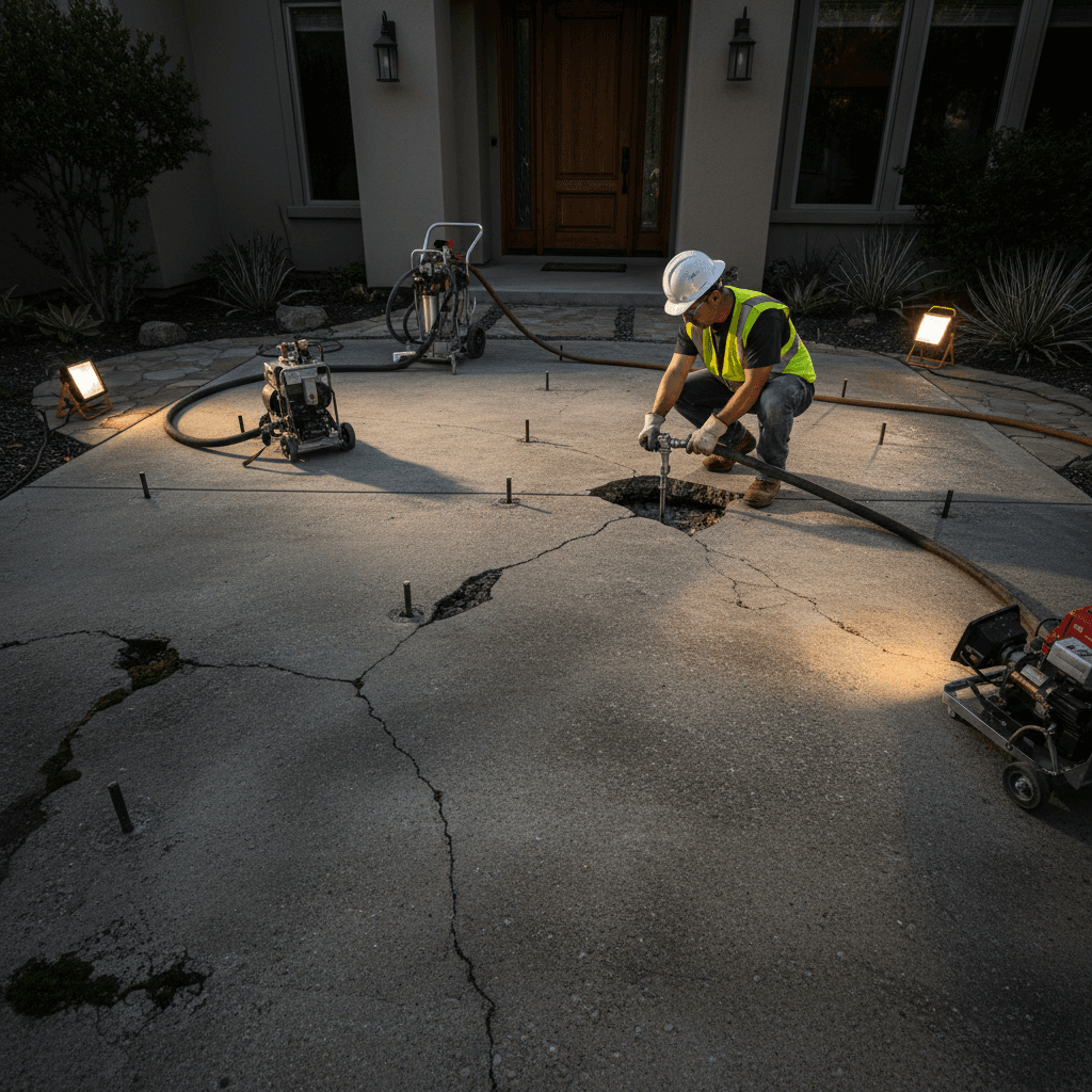 Concrete lifting equipment positioned under sunken patio slab for professional repair