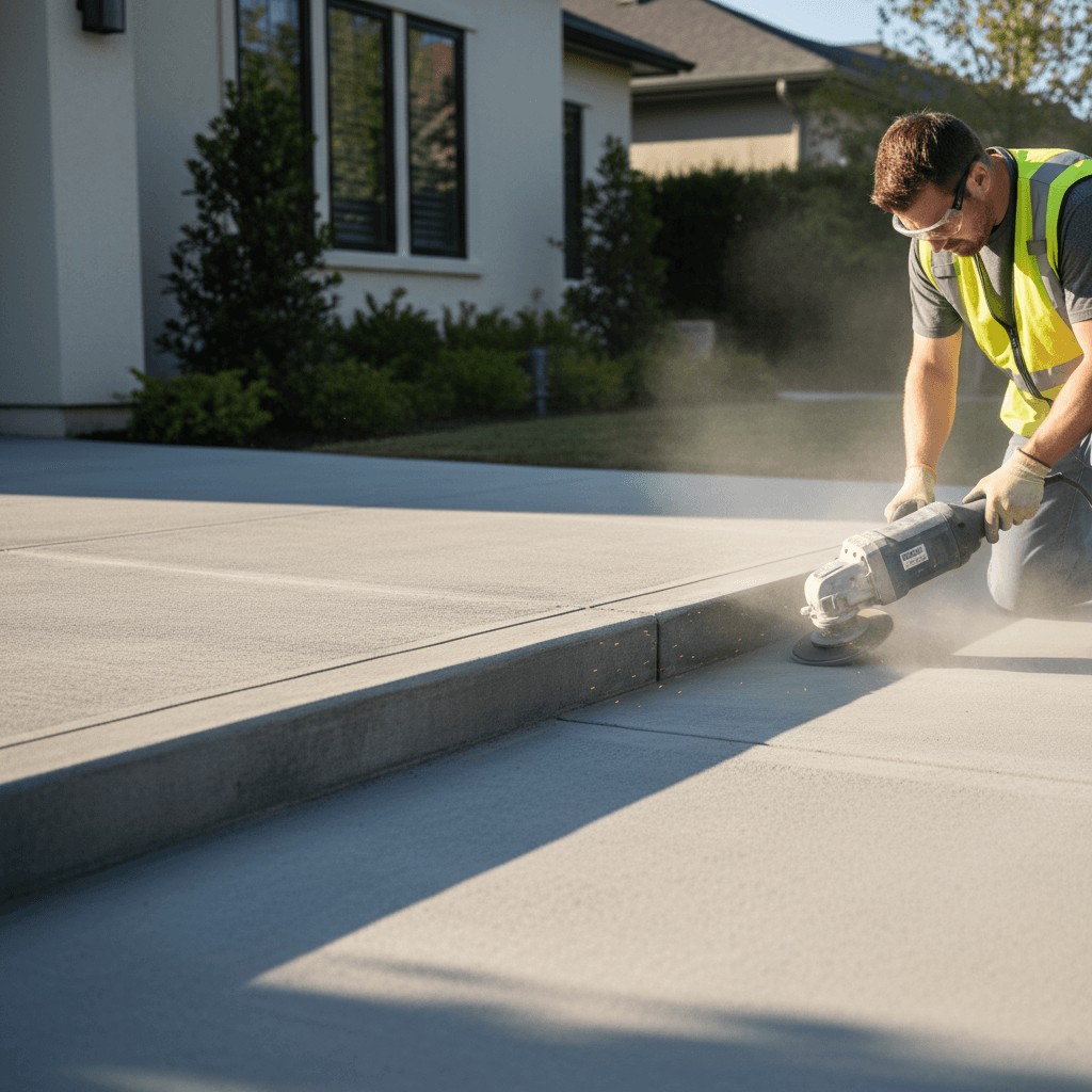 Technician using concrete grinding tool to smooth hazardous raised edge
